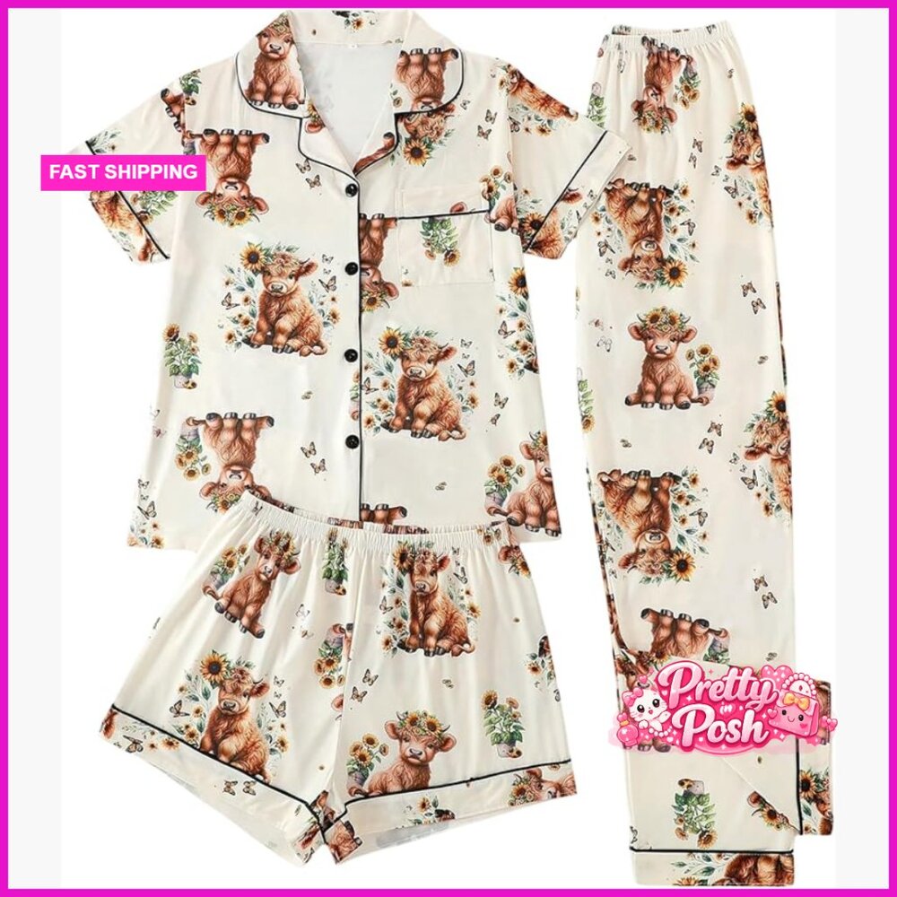Polyester Pajama Set With Bear Print Button Down … - image 1